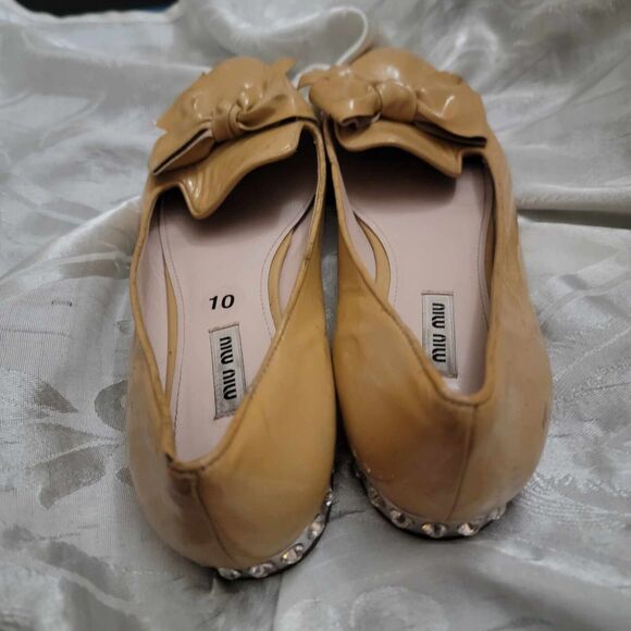 MIU MIU BALLET SOFT LEATHER BALLERINA STYLE FLATS BOW RHINSTONE HEEL ACCENT 10 - Picture 6 of 6